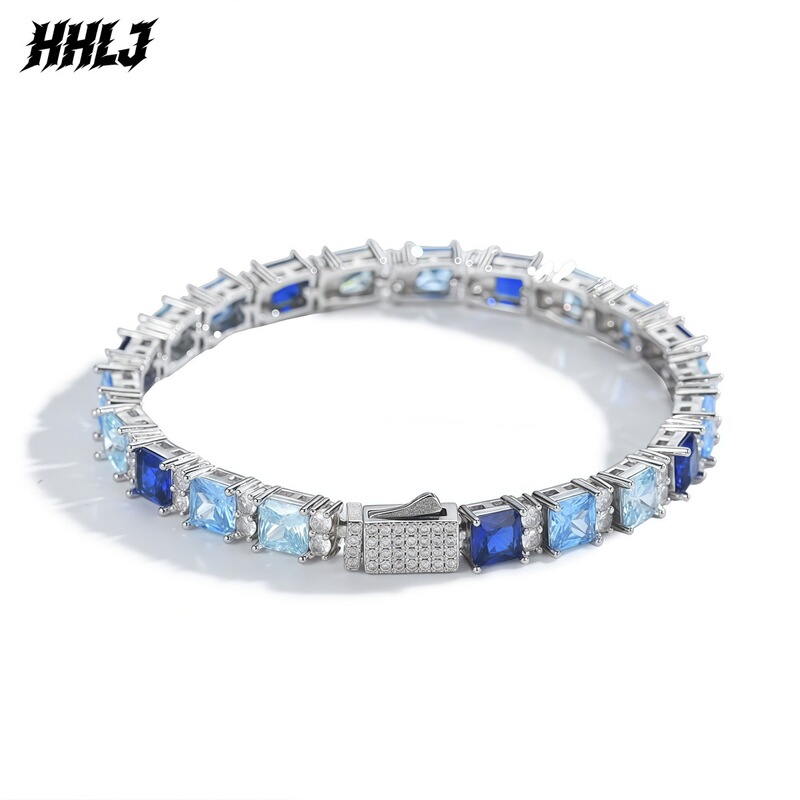 Hhlj European and American Hip-Hop Square-Shaped Colorful Full Diamond High-End Tennis Bracelet Glacier Blue Bracelet Men's Trendy Super Shiny Wrist Accessory Hhlj European and American Hip-Hop Square-Shaped Colorful Full Diamond High-End Tennis Bracelet Glacier Blue Bracelet Men's Trendy Super Shiny Wrist Accessory