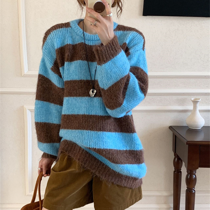 文艺复古软糯圆领撞色宽条纹毛衣女秋冬慵懒风宽松套头针织衫上衣