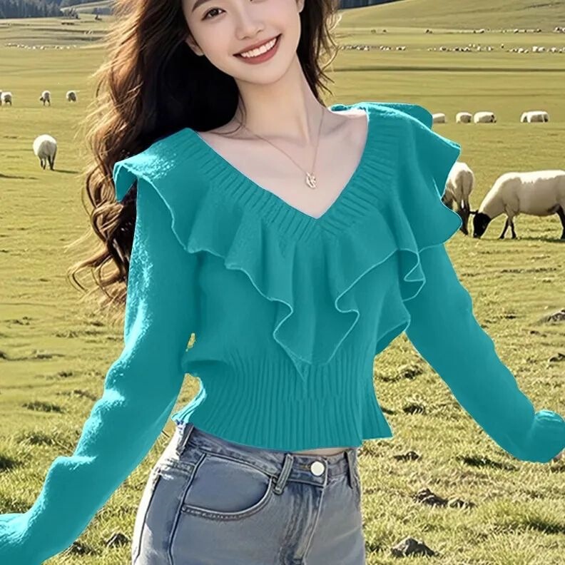 Dopamine-style women's knitted sweater top, new waist-cinching ruffled short style for autumn and winter wear Dopamine-style women's knitted sweater top, new waist-cinching ruffled short style for autumn and winter wear