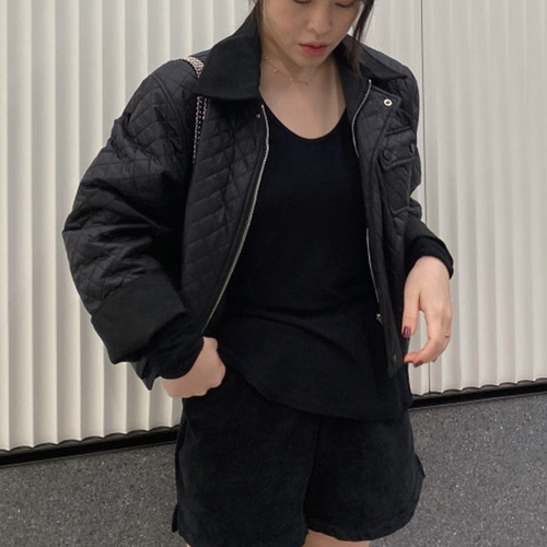 Women's Cotton Padded Jacket with Reverse Collar, Single Button, Checkered Pattern, Long Sleeve, Retro Color Combination - Autumn/Winter Style from Korea