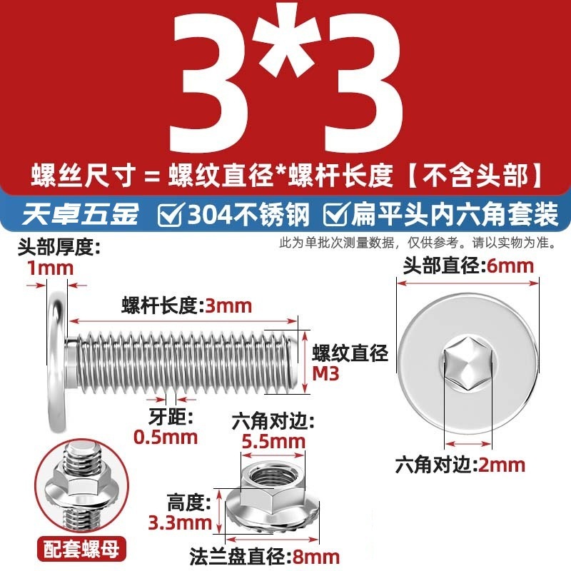 304不锈钢CM大平头超薄头C头扁平头内六角螺丝钉法兰边螺母套装M5|undefined