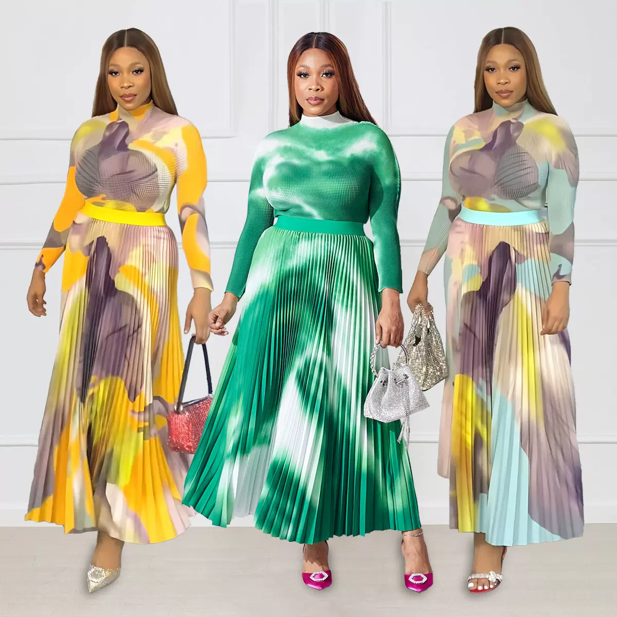 10035 跨境欧美亚马逊时尚华夫格长袖短上衣优雅百褶半身裙两件套