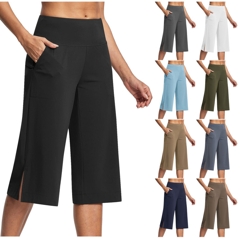 Cross-border Amazon Women's Flat-angle Split Sports Casual Shorts High Waist Belly-closed Quick-drying Loose Elastic Beach Pants
