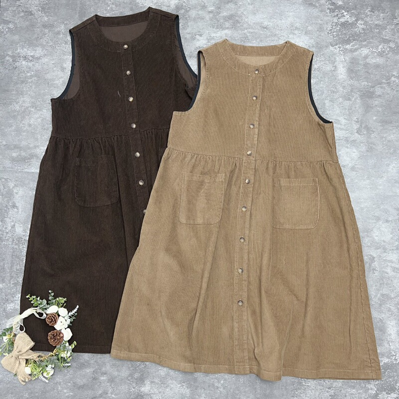 Japanese style corduroy open buckle vest dress women's large pocket slimming artistic mid-length vest skirt Cotton