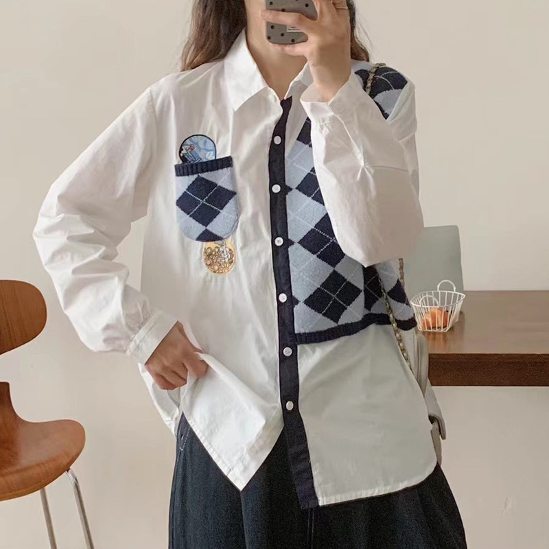 设计感法式小众春秋季新款假两件卡通拼接宽松休闲棉质刺绣显瘦上|undefined