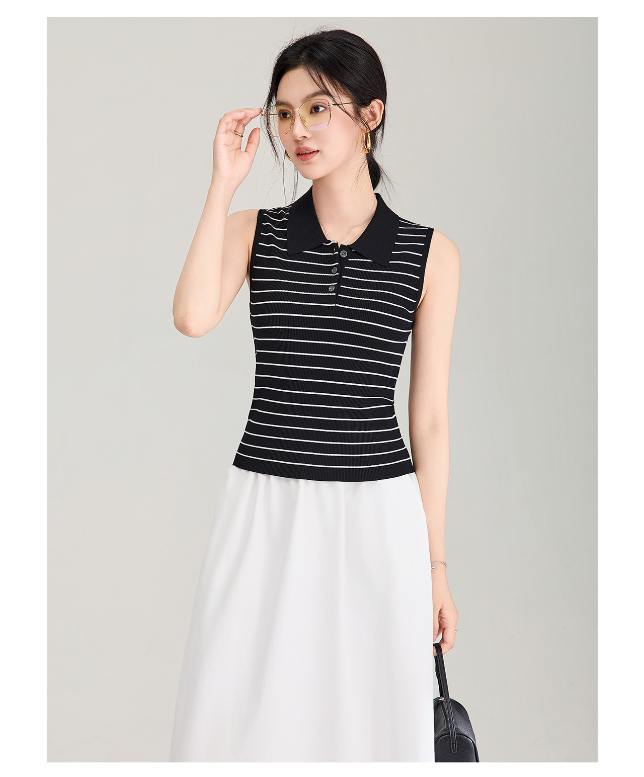 Áo vest dệt kim sợi tơ tằm cổ tròn tay ngắn mùa hè — màu đen chi tiết 20