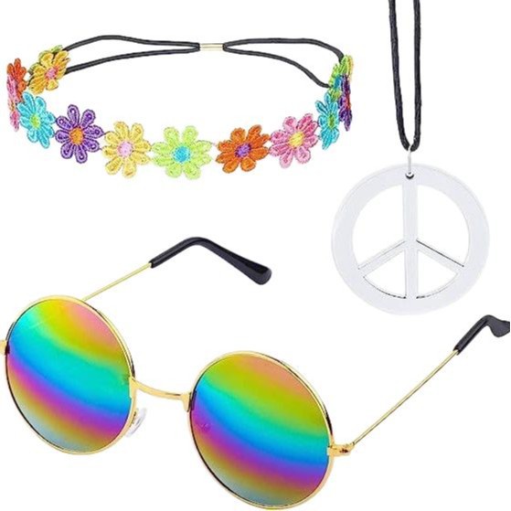Hippy's Age Dress Up Props Peace Talisman 1960 Fiesta de carnaval Pendientes coloridos Gafas Conjunto de guirnaldas