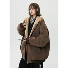 2025冬季新款情侣装座山雕加绒PU皮男女同款连帽宽松棉衣潮牌棉服