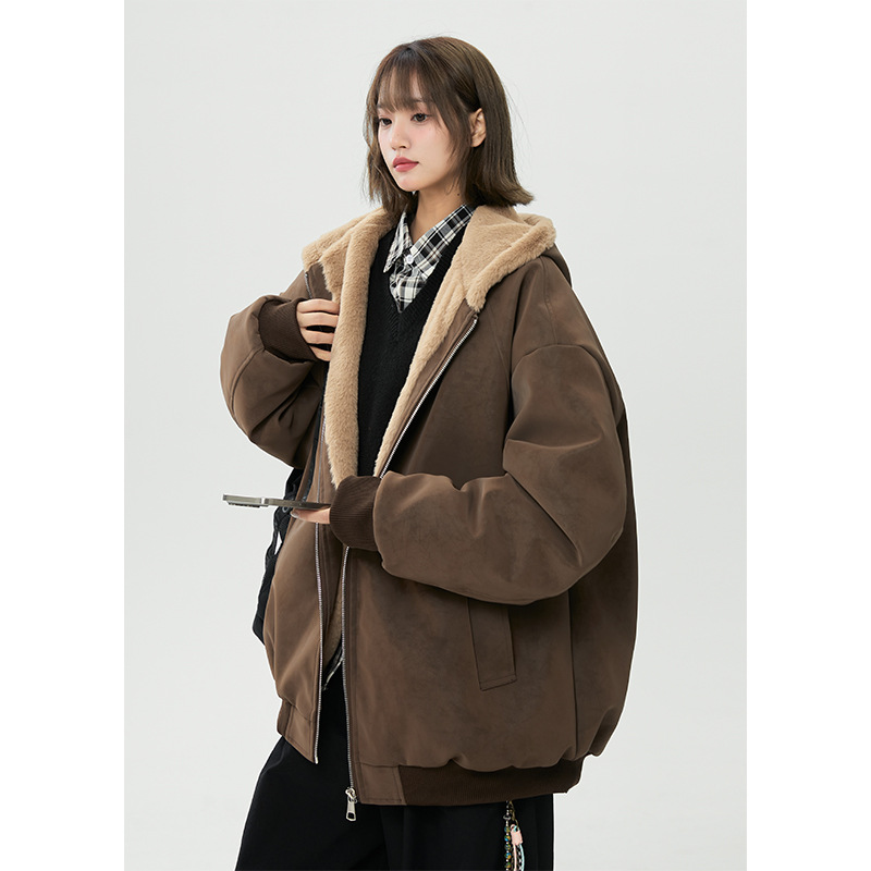 2025冬季新款情侣装座山雕加绒PU皮男女同款连帽宽松棉衣潮牌棉服