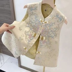 复古盘扣国风马甲女洋气提花刺绣新中式马夹改良唐装坎肩秋装开衫
