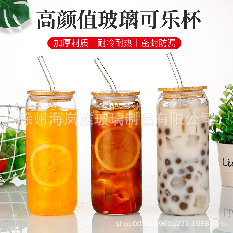 Amazon 16oz Coca-Cola con cubierta de bambú Mason botellas de vidrio de paja tazas de agua tazas de jugo de cóctel tazas de cerveza