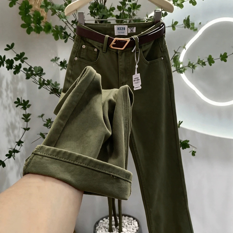 Olive green high-waisted straight-leg jeans for women, new autumn style, loose fit, slimming effect, and flowing fabric Olive green high-waisted straight-leg jeans for women, new autumn style, loose fit, slimming effect, and flowing fabric