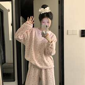 批发货源 加厚睡衣女韩系可爱小豹纹简约套装休闲宽松家居服
