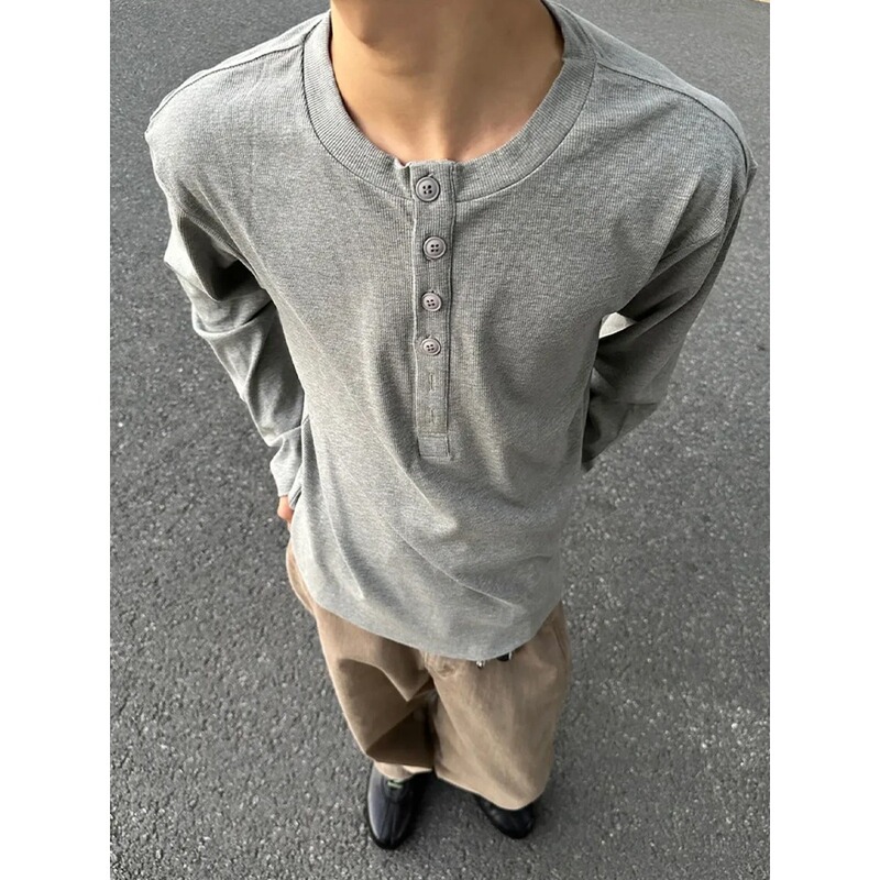 Autumn and Winter New Minimalist Old Money Style Henley Collar Long-Sleeve T-Shirt American Commuter Base Shirt Men's Top Autumn and Winter New Minimalist Old Money Style Henley Collar Long-Sleeve T-Shirt American Commuter Base Shirt Men's Top