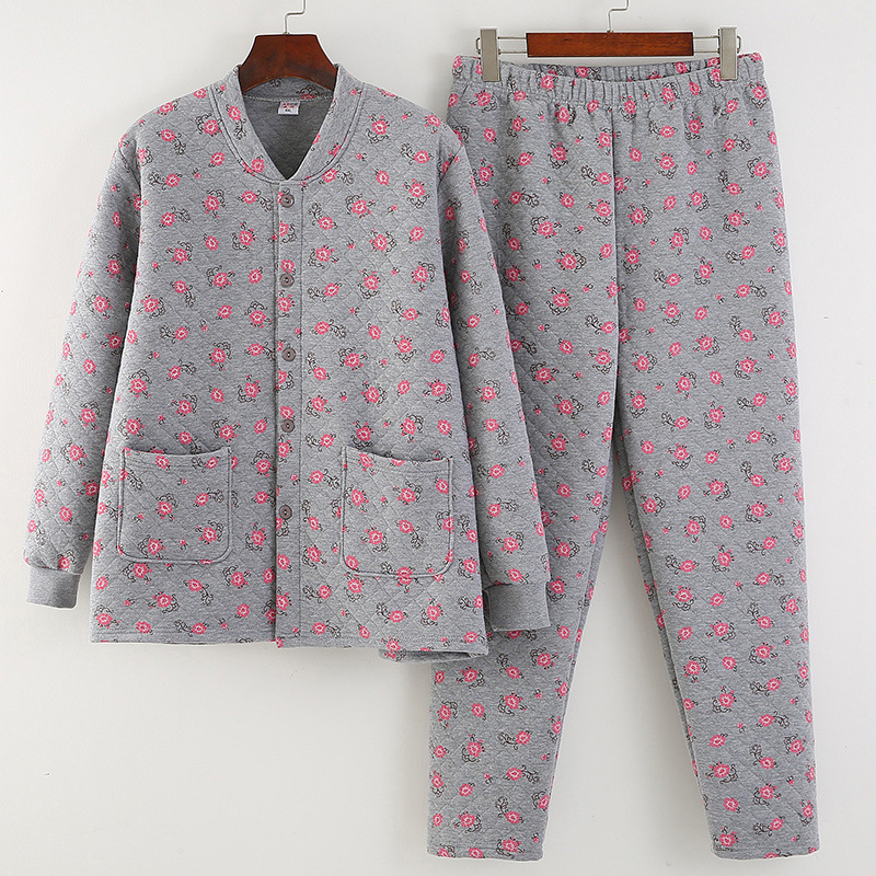 중노인용 여성용 3겹 누비 보온 속옷 세트, 두꺼운 면, 어머니용 가디건, 노인용 가정복