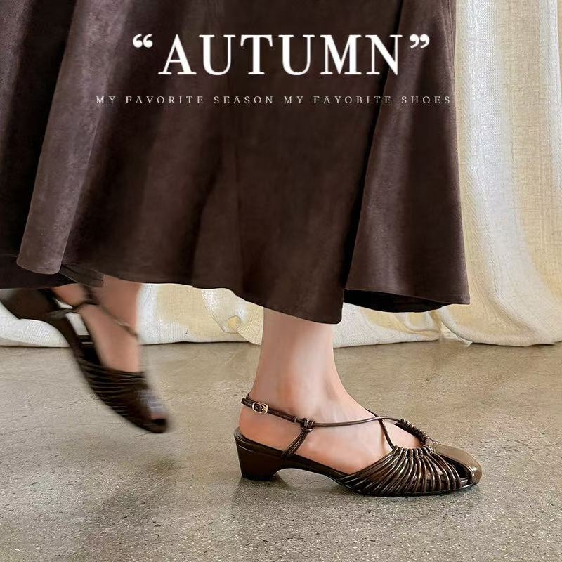 Sandal nữ quai mảnh buộc chéo gót trung bình phong cách Hàn Quốc — màu nâu chi tiết 3