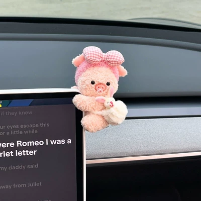 Console Screen, Car Interior Decorations, Car ornaments - pink-plaid-hair-tie-pink-pig-white-bag-pink-rabbit-ornaments