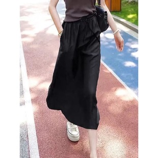 Acetate Satin A-Line Skirt for Women Summer High-Waist Draped Casual Straight Mid-Length Thin Skirt