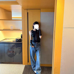 早安樊樊s1p私服V腰牛仔裤 100棉土耳其牛仔料长裤宽松直筒裤