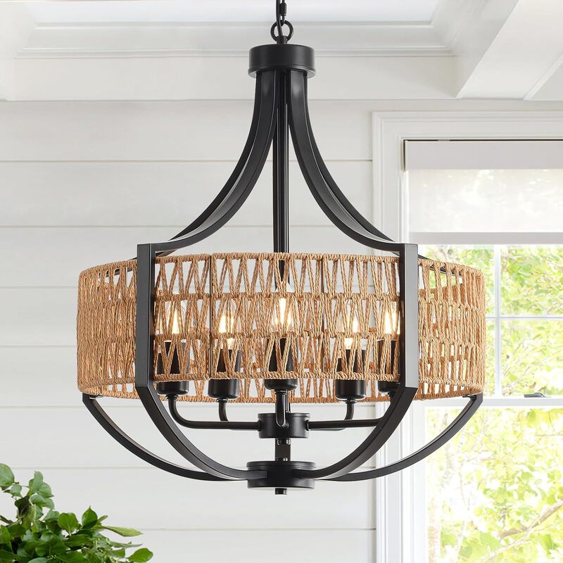 Cross-Border Supply of Rattan Farmhouse Chandeliers, Bohemian Style Black Ceiling Lights Suitable for Dining Rooms and Living Rooms