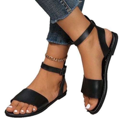 Women's Summer Open-Toe Simple Flat Roman Sandals with Metal Single Buckle, Large Size, Four-Season Cool Shoes for Students