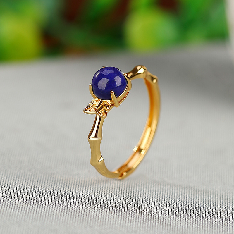 Nhẫn bạc S925 mạ vàng đính đá Lapis Lazuli hạt tròn phong cách cổ điển — Mở (một kích thước)