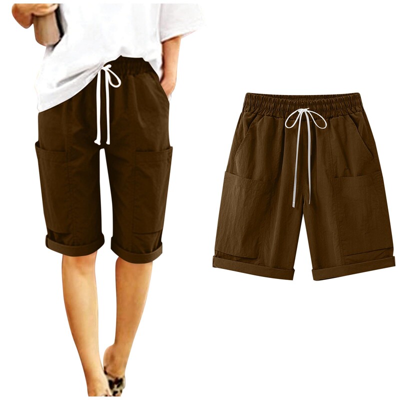 Women's Elastic Waistband Knee-Length Casual Loose Cotton Rolled Hem Bermuda Shorts Solid Color Shorts with Drawstring Women's Elastic Waistband Knee-Length Casual Loose Cotton Rolled Hem Bermuda Shorts Solid Color Shorts with Drawstring
