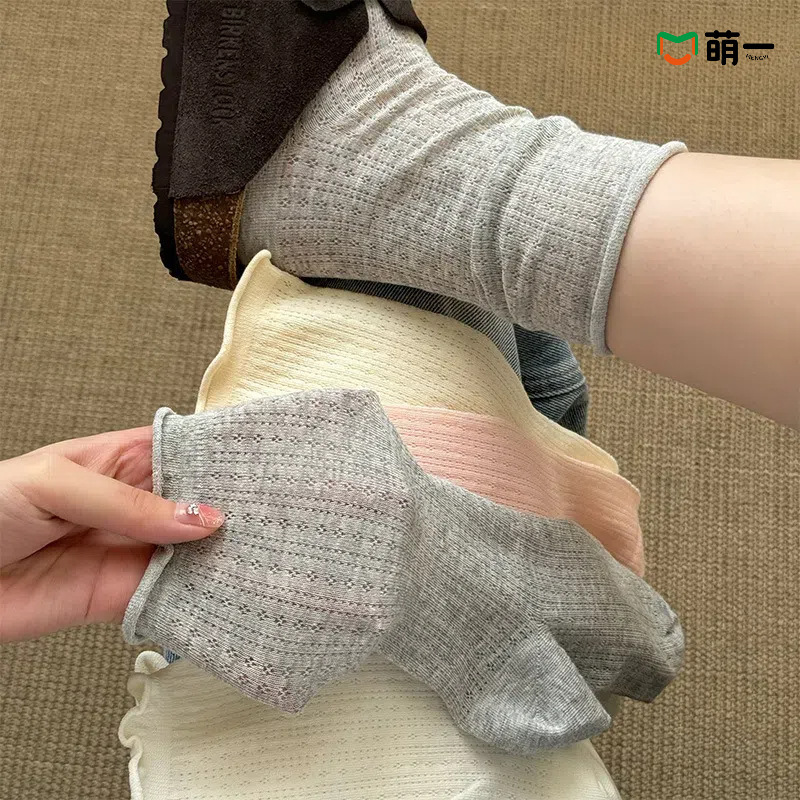 Women's Pure Cotton Mid-Calf Socks, Thin Style for Spring and Autumn, Japanese-Style Hollow Mesh, Rolled Edge, Versatile Slouch Socks, Zhuji Socks Industry