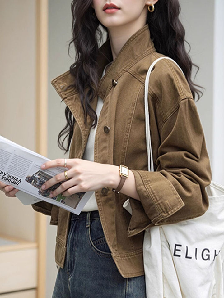 Áo khoác ngắn denim màu nâu cà phê dáng rộng cổ đứng tay dài — Màu nâu (màu cà phê trà)
