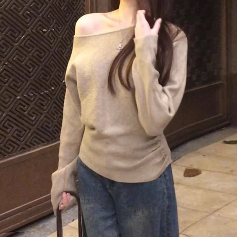 一字肩毛衣女秋冬季2025新款韩系慵懒超好看高级感露肩针织衫上衣|undefined