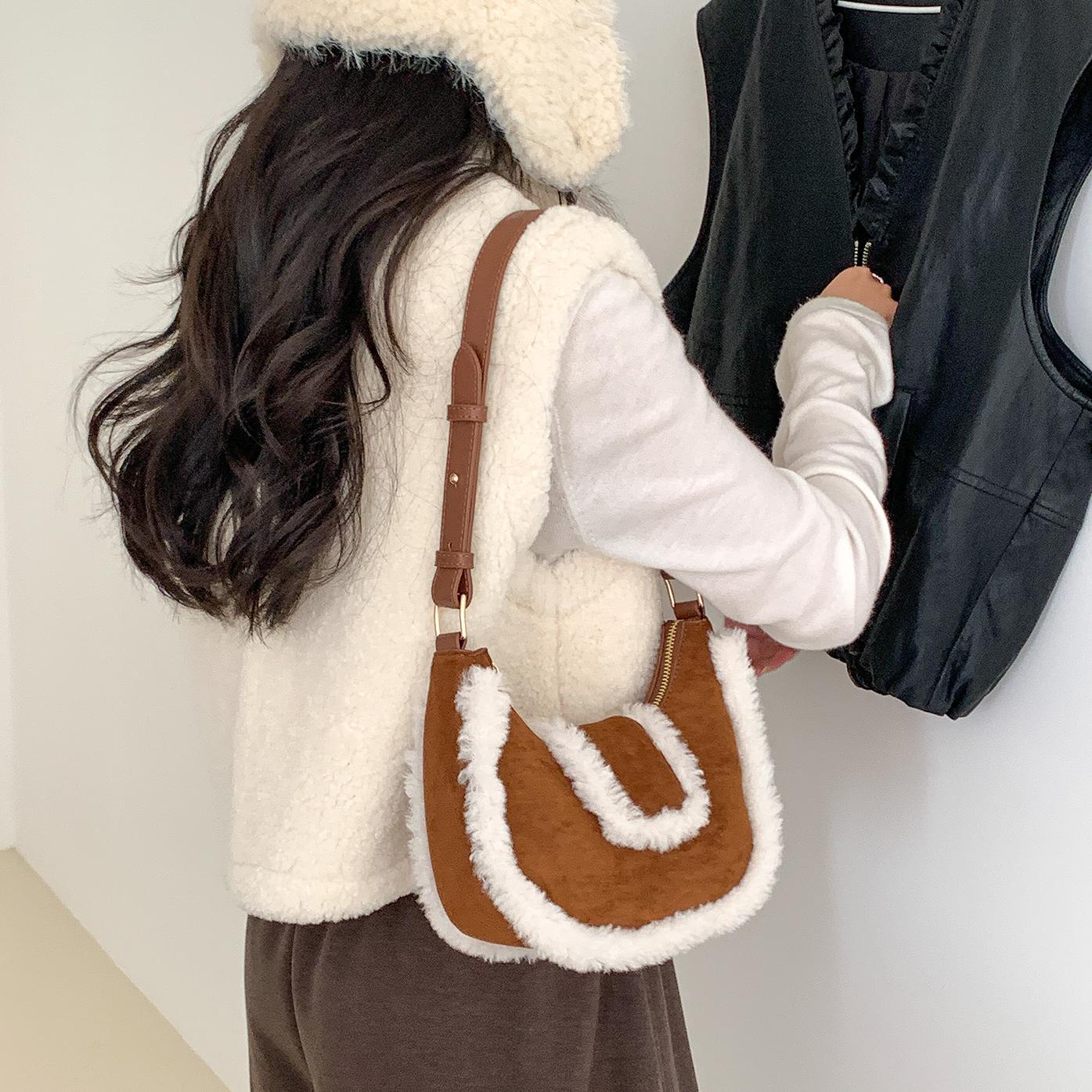 可爱毛绒腋下包高级感复古秋冬新款麂皮绒包包时尚小众手提单肩包