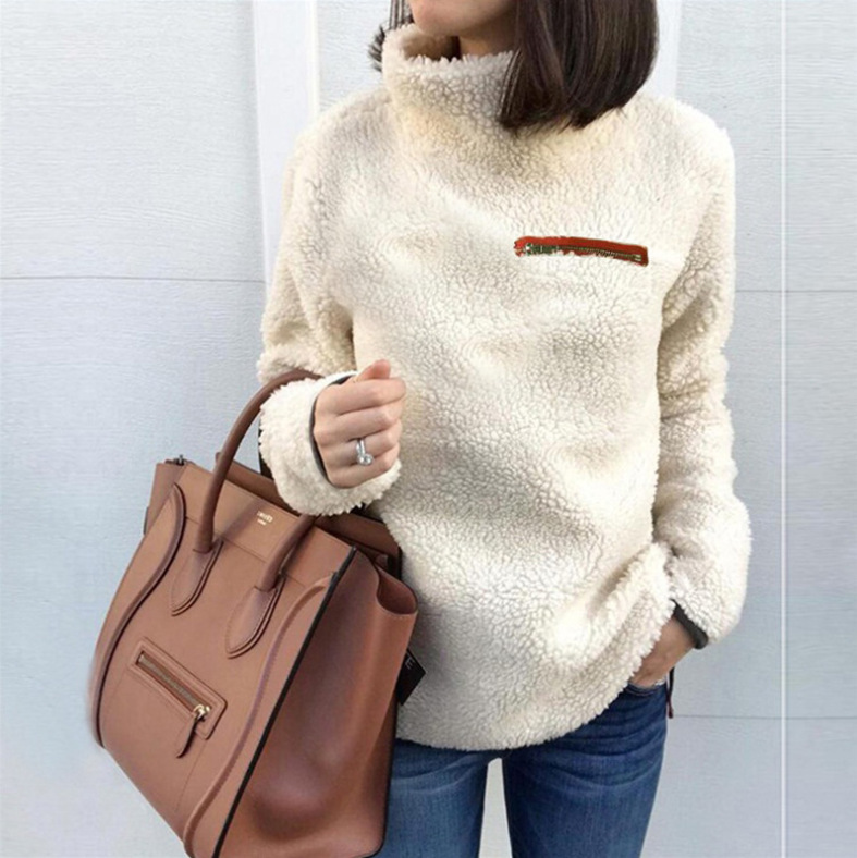 Women's Plush Sweatshirt High Collar Solid Colour Pullover_voghion.com