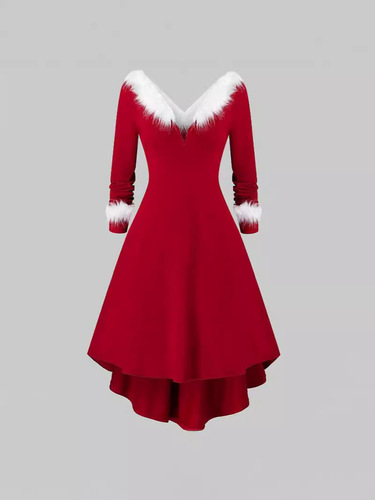 Cross-border supply source independent station new 2025 Western Christmas women's plush interwoven V-neck long-sleeve dress