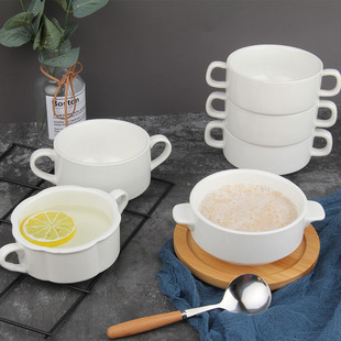 Ceramic Pure White Binaural Hong Kong Style Salad Taro Round Sugar Water Bowl Western Style Soup Bowl Steamed Egg Bowl Can Set LOGO Wholesale