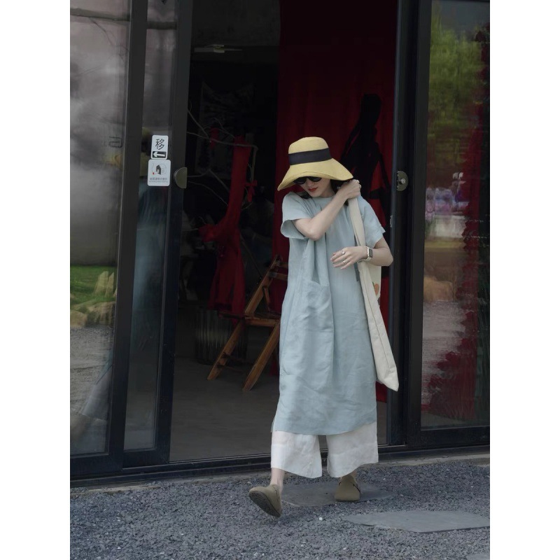2024 Summer New Japanese French Elegant Lazy Large Pocket Round Neck Dress Artistic Style Long Robe_ecoleips.com