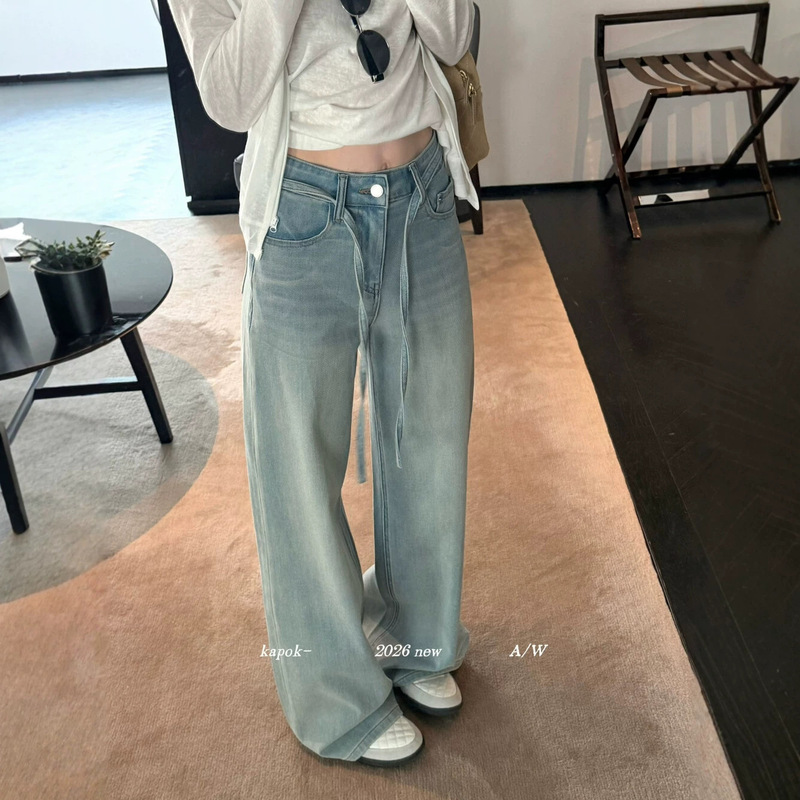 Thirteen Lines【KAPOK】Relaxed Fit Tie-Waist Versatile Wide-Leg Jeans (with waist cord) Autumn 26801 Thirteen Lines【KAPOK】Relaxed Fit Tie-Waist Versatile Wide-Leg Jeans (with waist cord) Autumn 26801