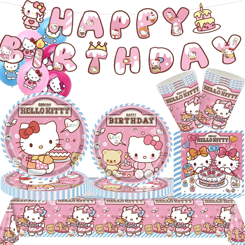 New Cartoon Pink Hellokitty Cat Birthday Party Decoration Paper Plate Tablecloth Flag Tableware Supplies Arrangement