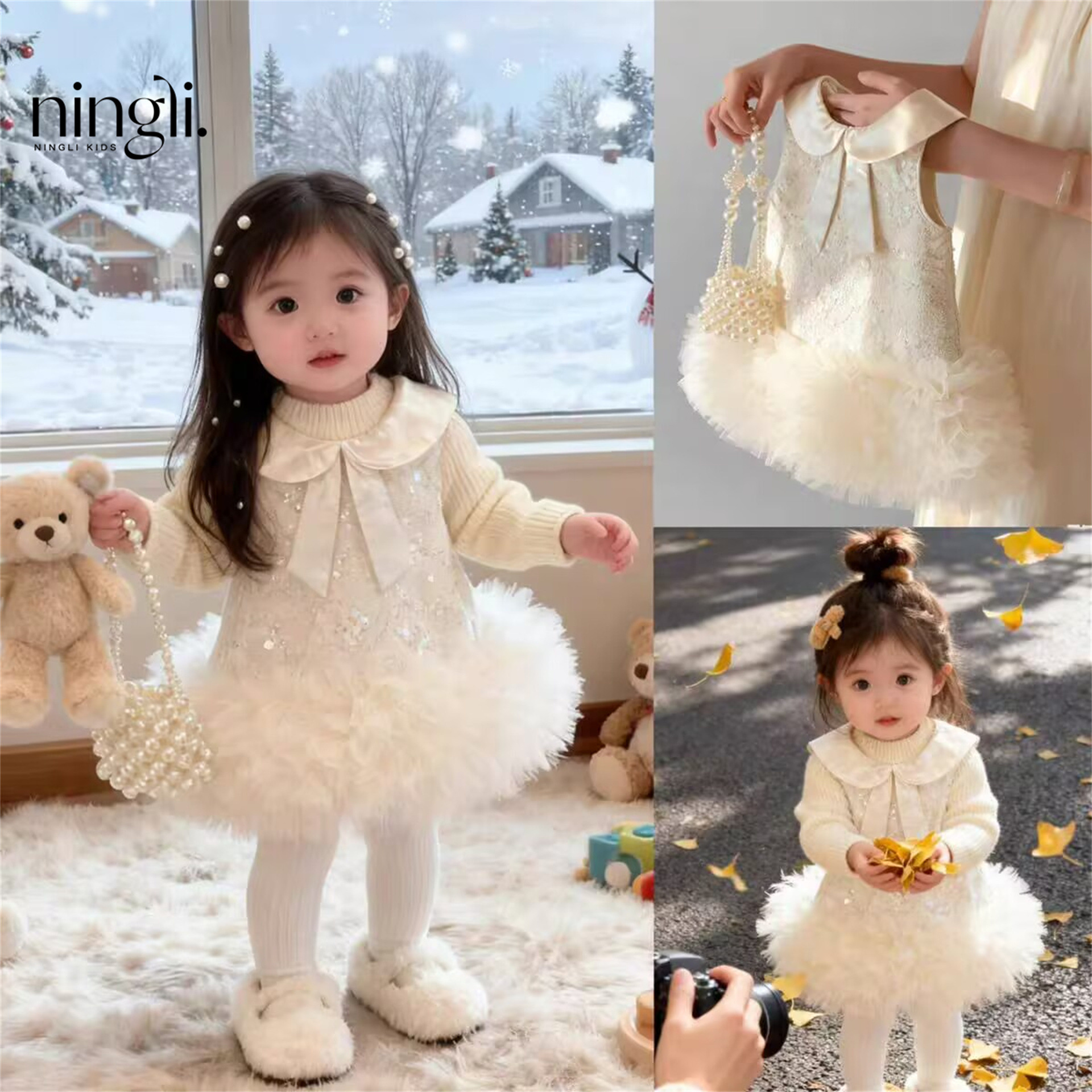 Ningli High-End Girls' Small Fragrant Vest Dress First Birthday Doll Collar Bow Princess Tutu Skirt