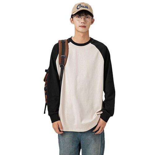 American style patchwork drop-shoulder hoodie for men, INS trendy brand, autumn daywear round neck base shirt, loose large size long-sleeve T-shirt