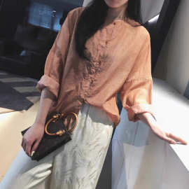 早秋爆款色织真丝棉面料复古温柔风中式圆领单排扣长袖衬衫 上衣