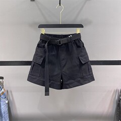 アメリカ軍グリーンポケット工装デニムショートパンツ女性2025新夏高腰ゆるいA字広脚ホットパンツ