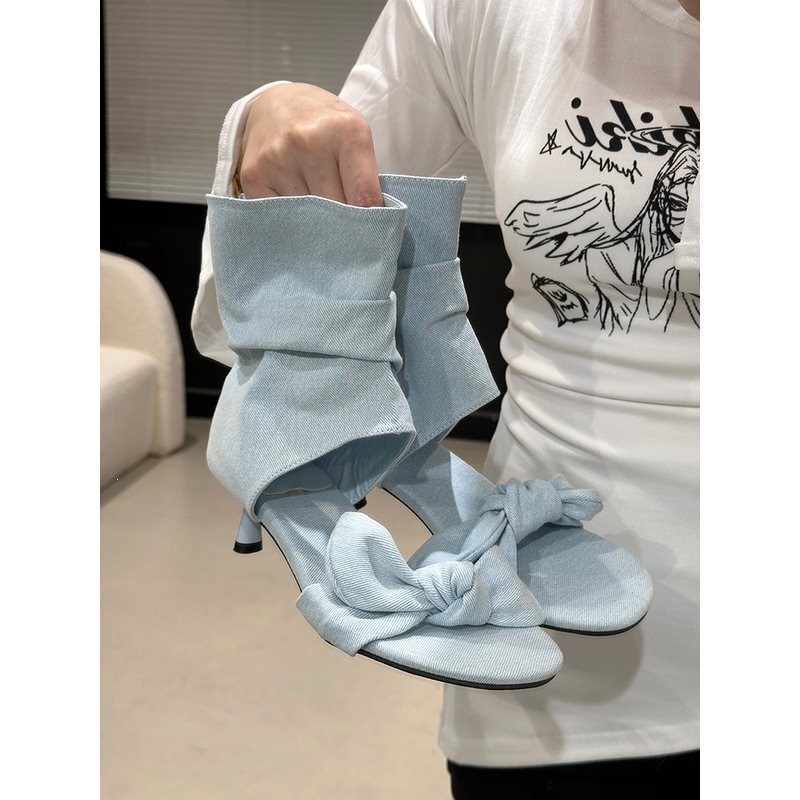 Xiaolaoyue French-Style Elegant Round-Toe Open-Toe Stiletto Sandals for Women 2026 Summer Bowknot Denim High Heels Xiaolaoyue French-Style Elegant Round-Toe Open-Toe Stiletto Sandals for Women 2026 Summer Bowknot Denim High Heels