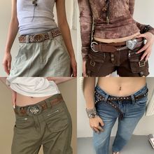 哥特风皮革椭圆铆钉腰带复古辣妹设计感腰链个性时尚百搭腰饰批发