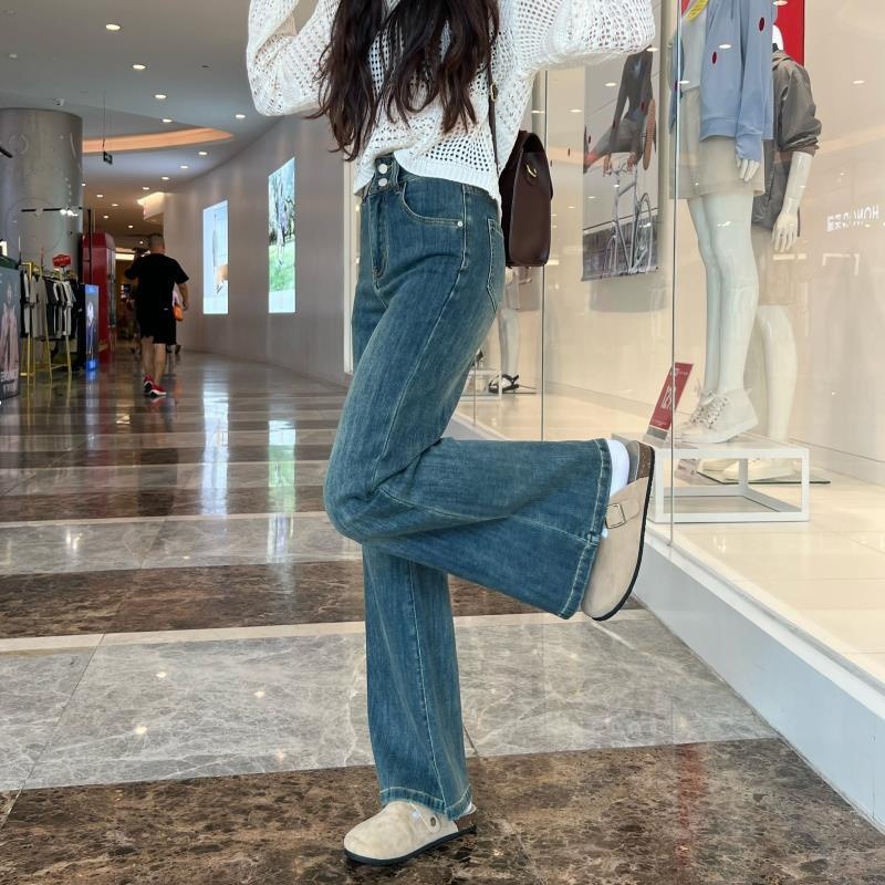 아메리칸 스타일 레트로 블루 씻은 마이크로 라 청바지 여성의 가을과 겨울 짧은 높은 허리 스트레이트 말굽 긴 바지