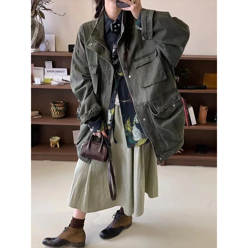 新品复古水洗做旧落肩工装牛仔外套女多口袋小众设计感宽松夹克|undefined