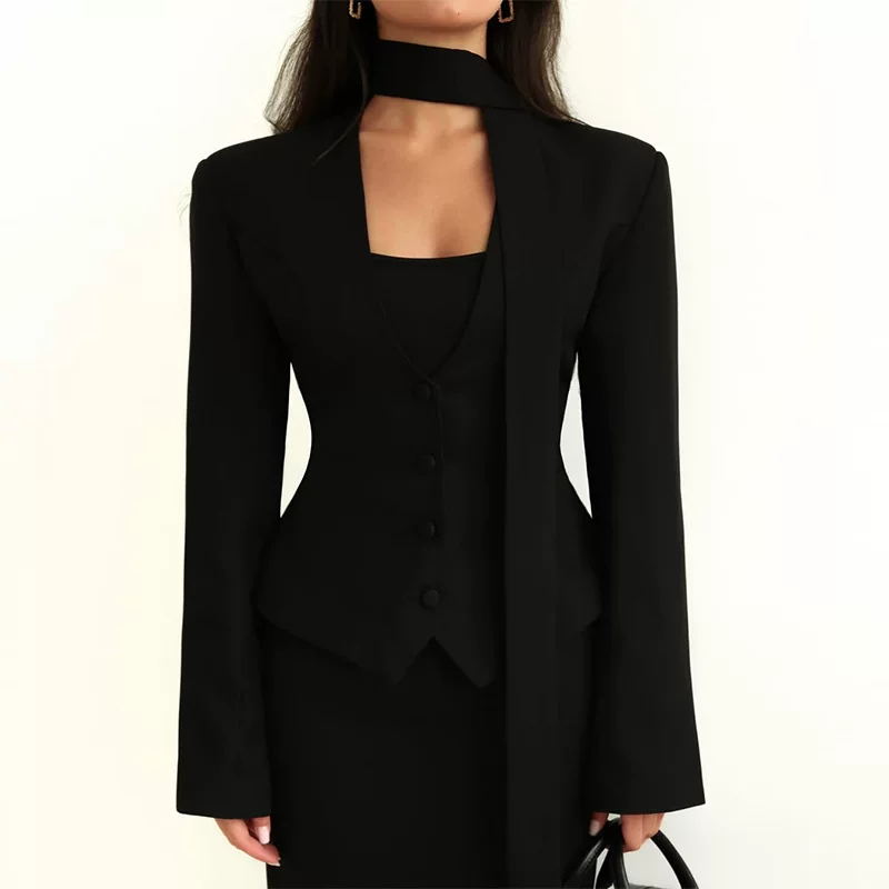 Women's V-neck Jacket with Long Scarf, European City Style, Long Sleeves (S–2XL)