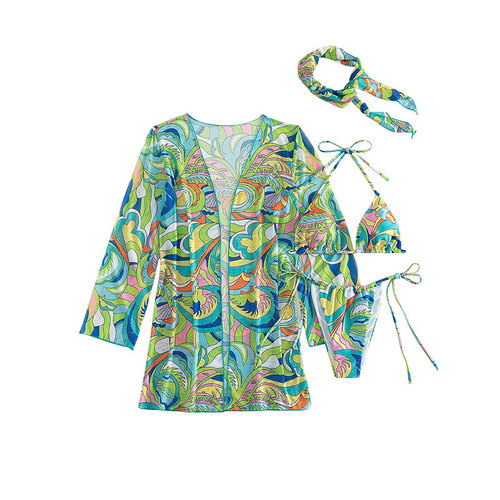 2024 New Printed Shawl Halter Neck Swimsuit Three-piece Set AliExpress Mesh Sunscreen Beach Spa Bikini