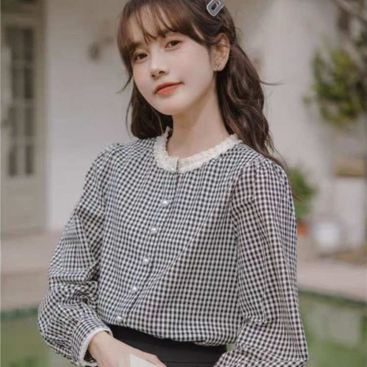 French-style sweet lace stand-collar plaid long-sleeve shirt top for women, new autumn design with a vintage niche feel French-style sweet lace stand-collar plaid long-sleeve shirt top for women, new autumn design with a vintage niche feel