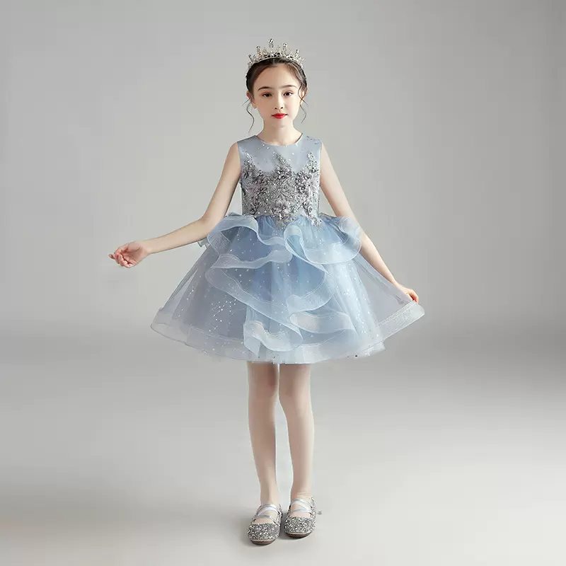 女童走秀礼服2026新款蓝色网纱暑假演出蓬蓬公主裙儿童演出礼服夏