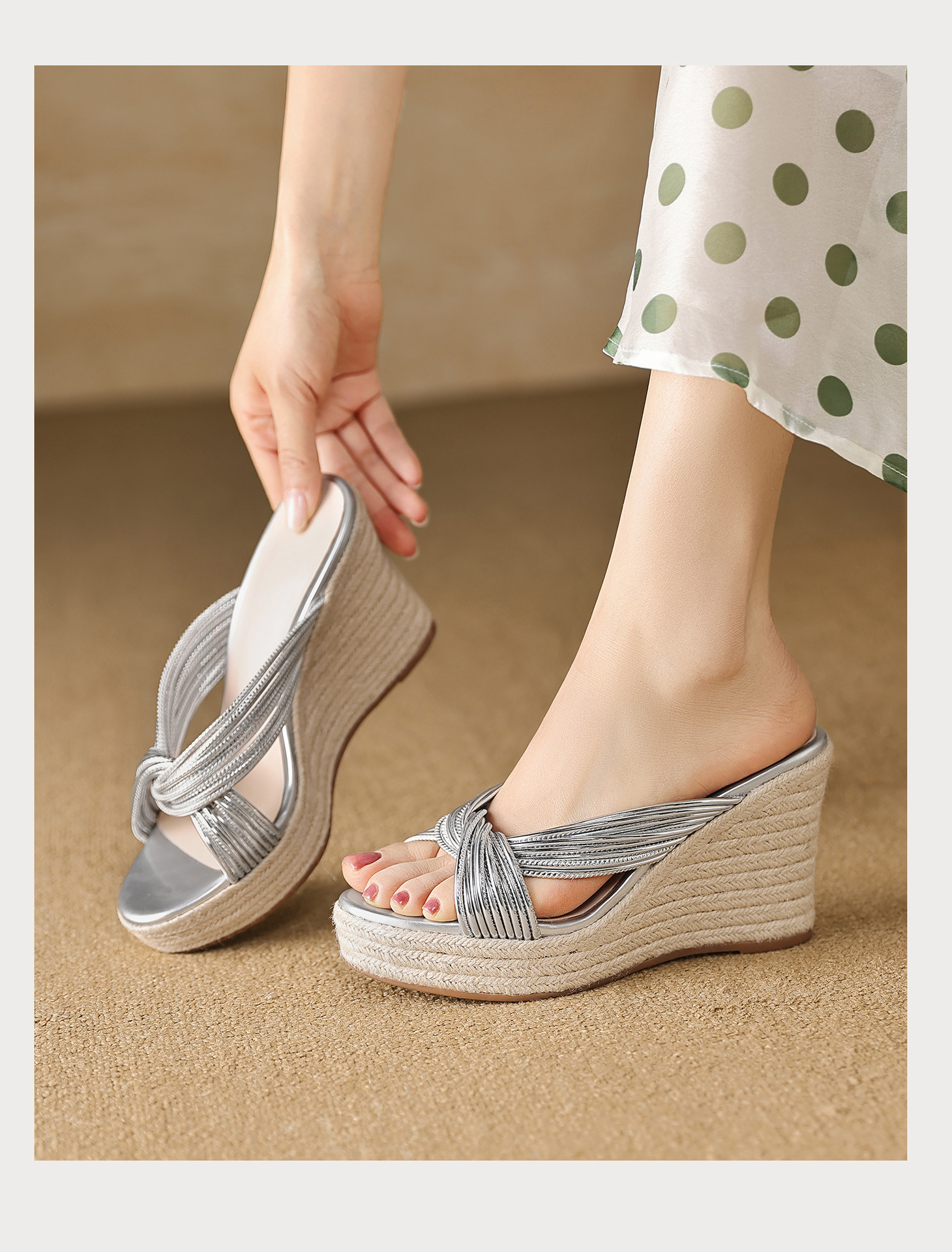 Sandal cao gót nữ đế đan rơm quai chéo bạc hở mũi phong cách Tân Trung Hoa — màu vàng, bạc chi tiết 15